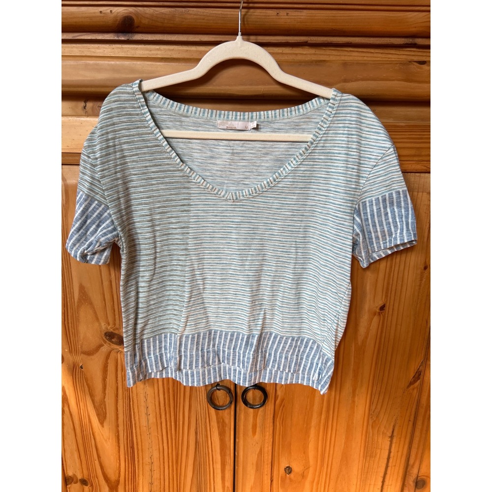 Prana Womens Blue Grey Striped V-Neck Short Sleeve Knit Top Size M